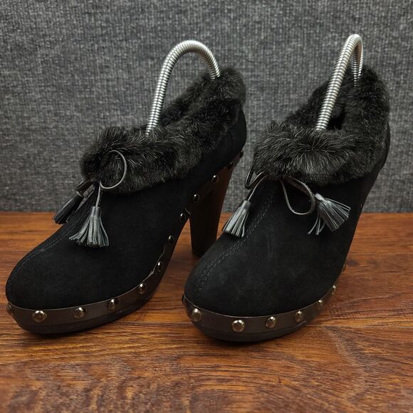 Colin Stuart Faux Fur Trim Heels Womens 8 Black Leather Fabric Studded Dress - Picture 4 of 11